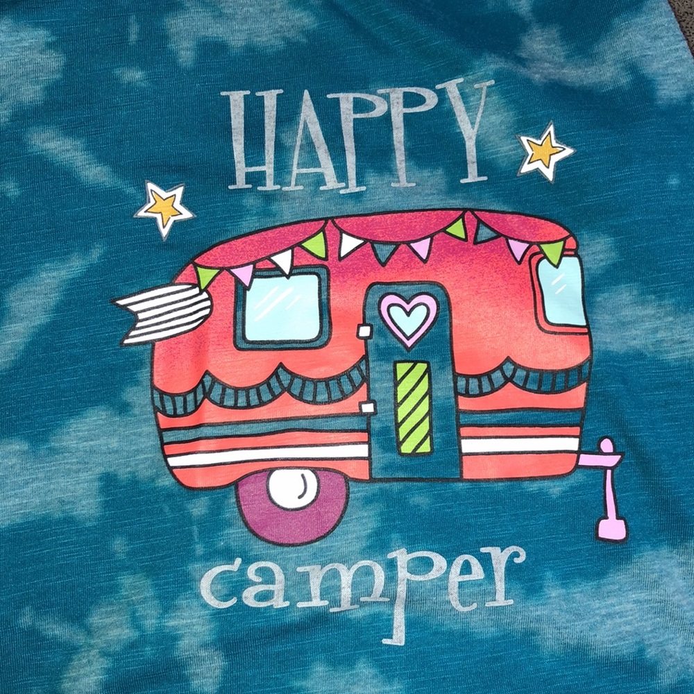 Handmade blue bleached tie-dye happy camper tank